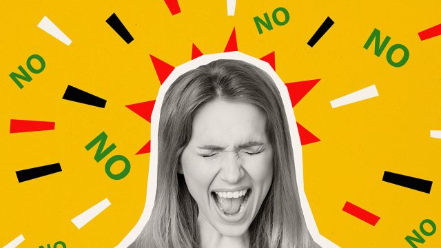 Trend artwork composite sketch image 3D photo collage of silhouette confused stressed young lady office manager loud voice scream say no