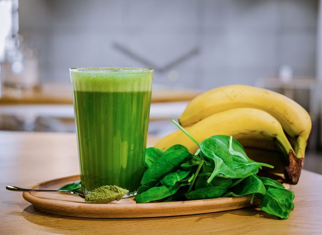 green healthy smoothie, matcha, bananas, spinach, nutritious smoothie