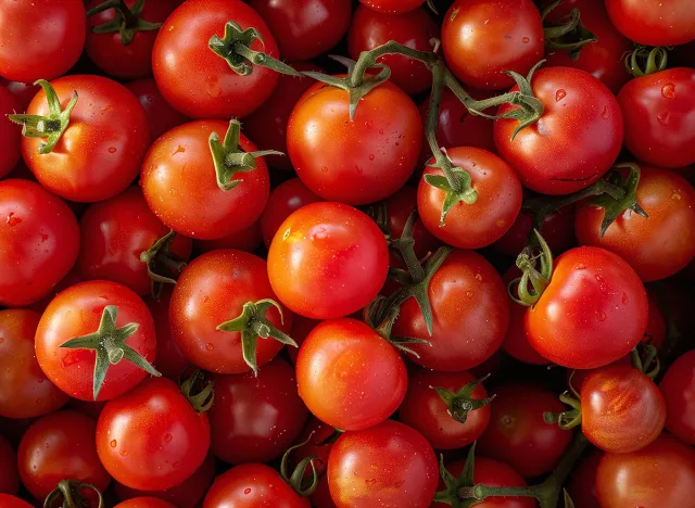 tomatoes in market The cherry tomato is a type of small round tomato believed to be an intermediate genetic admixture between wild currant-type tomatoes and domesticated garden tomatoes