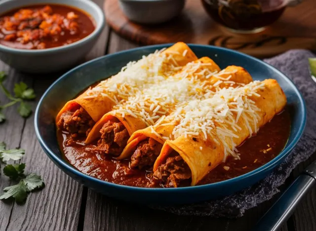 Enchiladas: Rolled tortillas filled with meat or cheese, covered in chili sauce, and baked until bubbly.