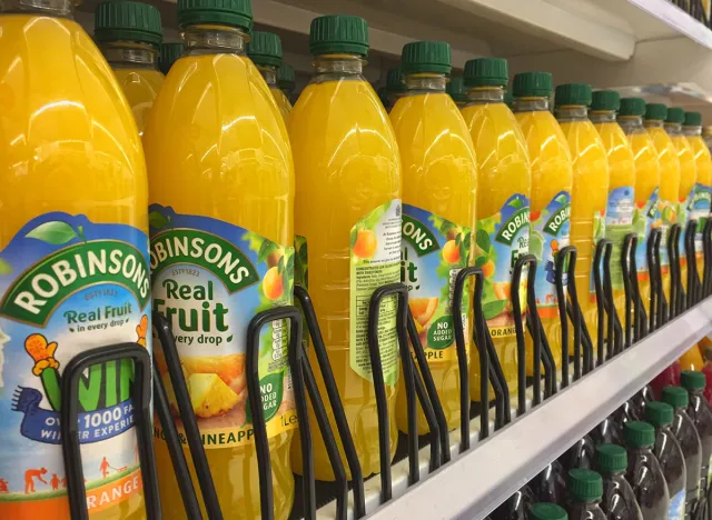 Reading, UK - February 14 2019: Bottles of Robinson's Fruit Squash on a supermarket shelf.