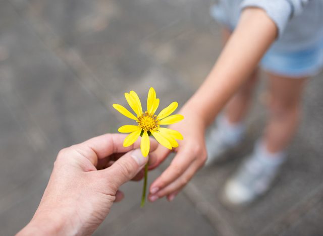 Parent and child handing over yellow flowers