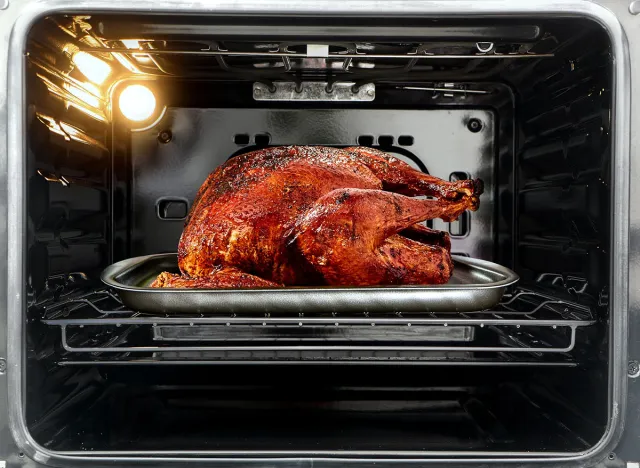 Whole roast turkey in the oven