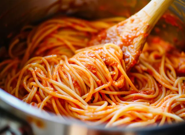 traditional spaghetti bolognese pasta in a pot