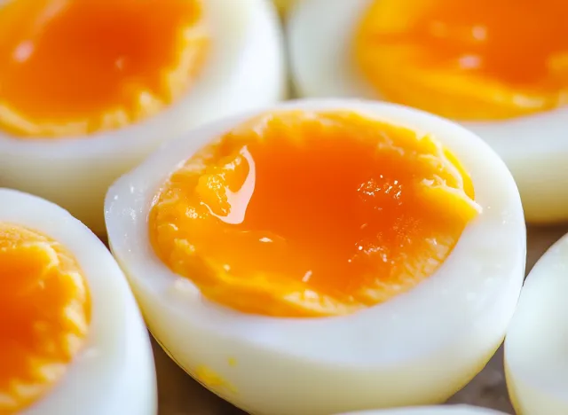 A close up of soft boiled eggs