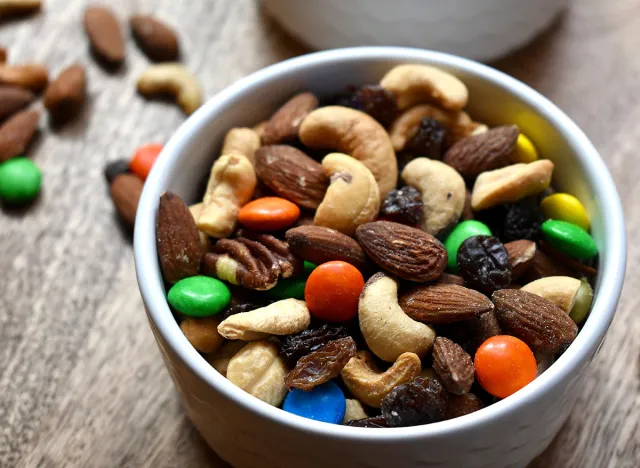 Colorful trail mix in a white bowl