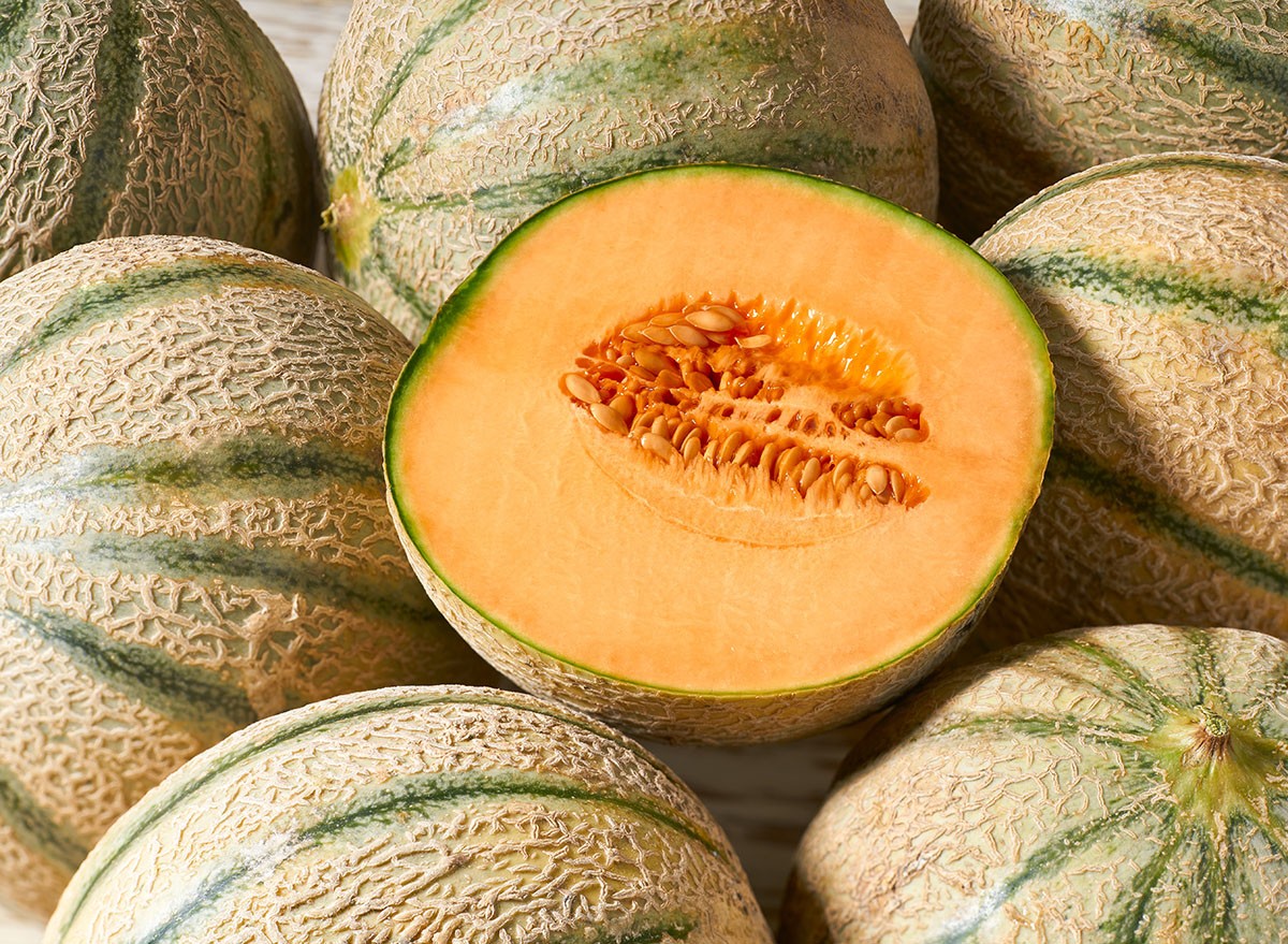Whole and sliced melon, honeydew melon or melon cantaloupe and food texture close up. Cantaloupe melon composition and design elements.