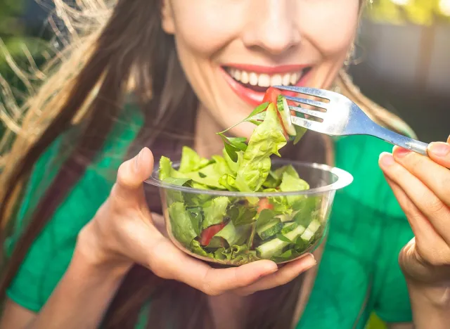 smiling, smile,happy,,Eating,Salad,,food, lunch,diet,fork