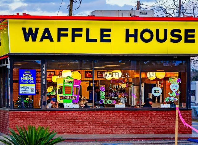 Theodore, Alabama, USA - Feb. 4, 2024: A Waffle House restaurant is pictured in Theodore, Alabama. Waffle House, which operates chains in the United States, is known for always being open.