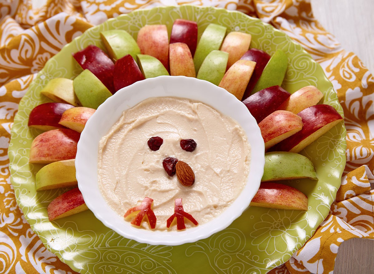 Apples with caramel cream cheese dip for Thanksgiving