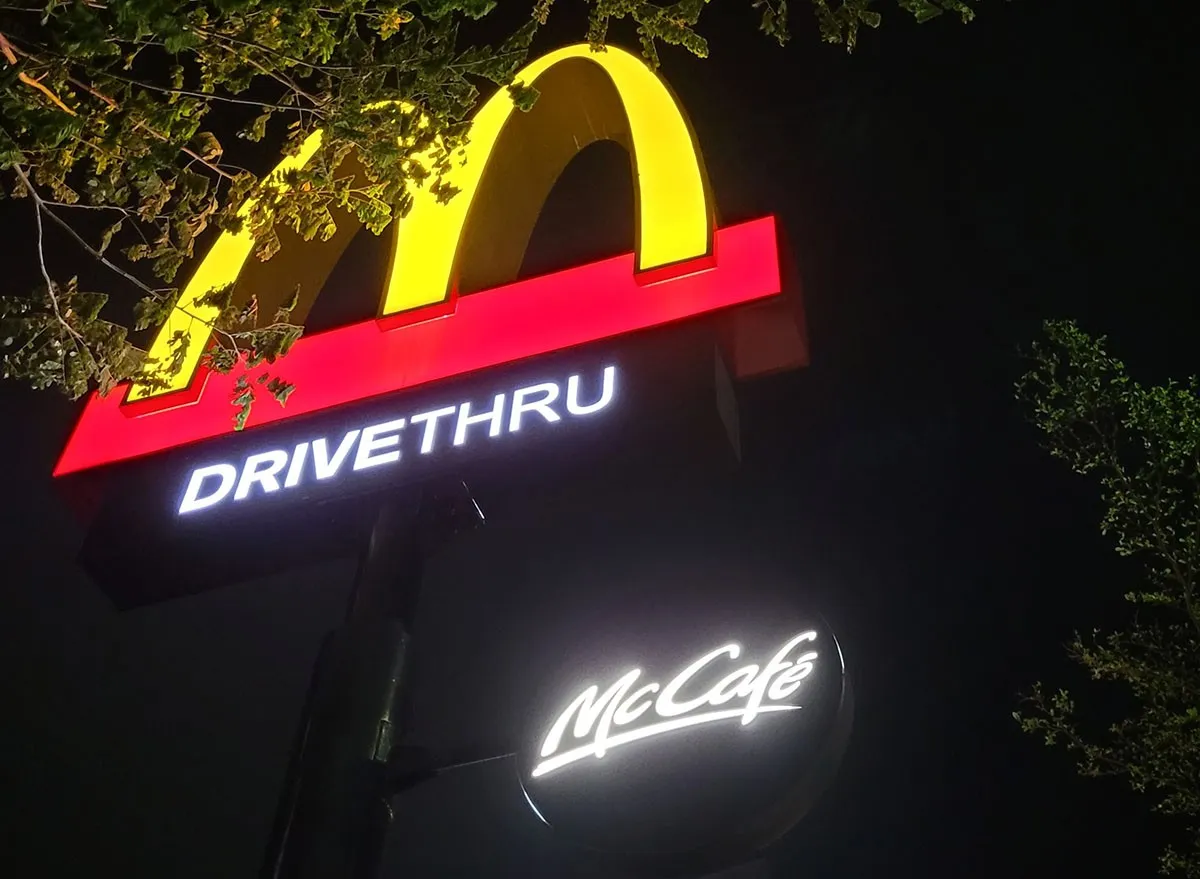 McDonald's, Drive Thru, and McCafe night. Fast food, night scene,, restaurant, drive-thru.
