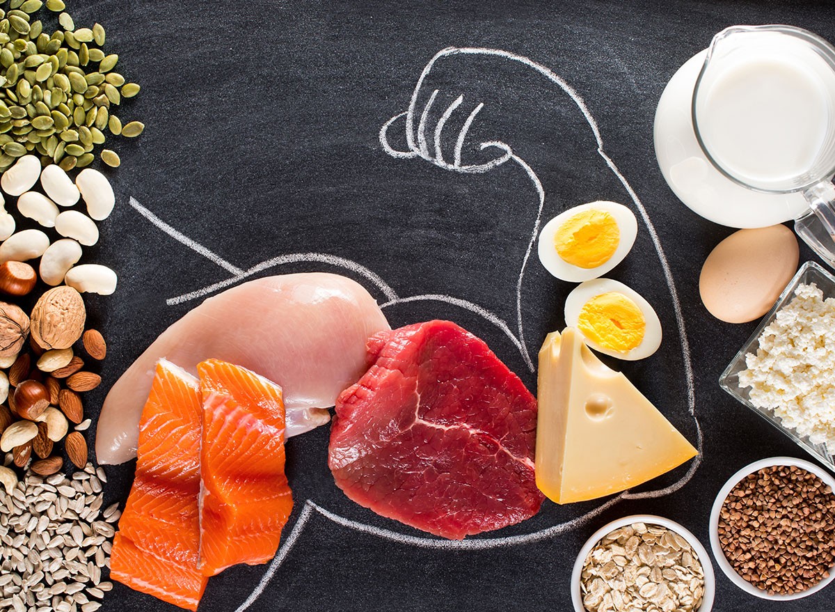 High protein food for body builders as meat, fish, dairy, eggs, buckwheat, oatmeal, nuts, bean, pumpkin seed and sunflower seed. Top view.
