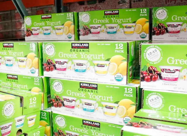 Los Angeles, California, United States - 07-22-2020: A view of several cases of Kirkland Signature organic Greek yogurt, on display at a local Costco.
