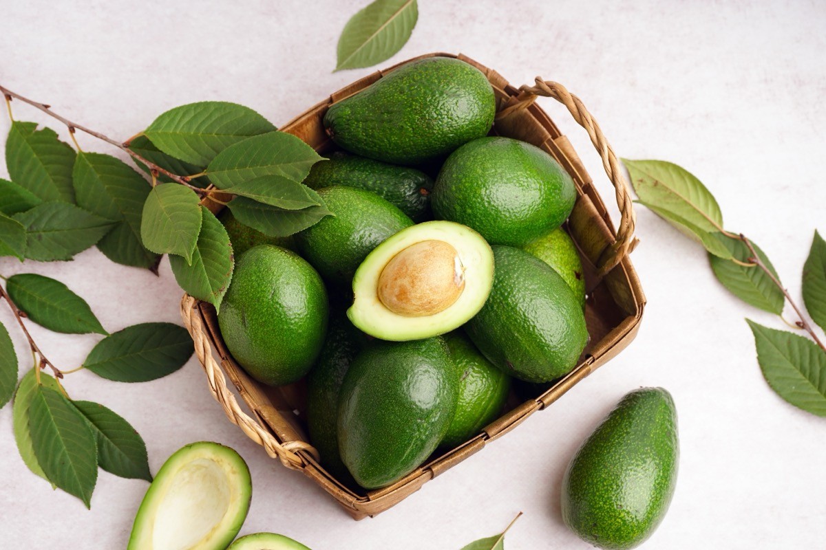 Basket,With,Fresh,Ripe,Avocados,And,Leaves,On,White,Background
