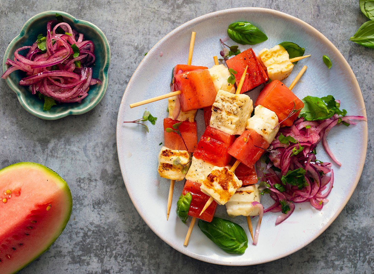 Grilled halloumi cheese and watermelon skewers