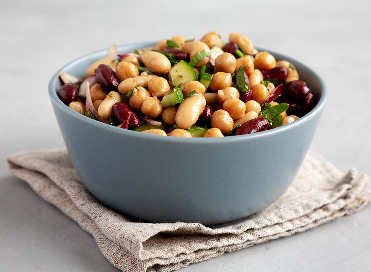 Homemade Three Bean Salad in a Bowl, side view.