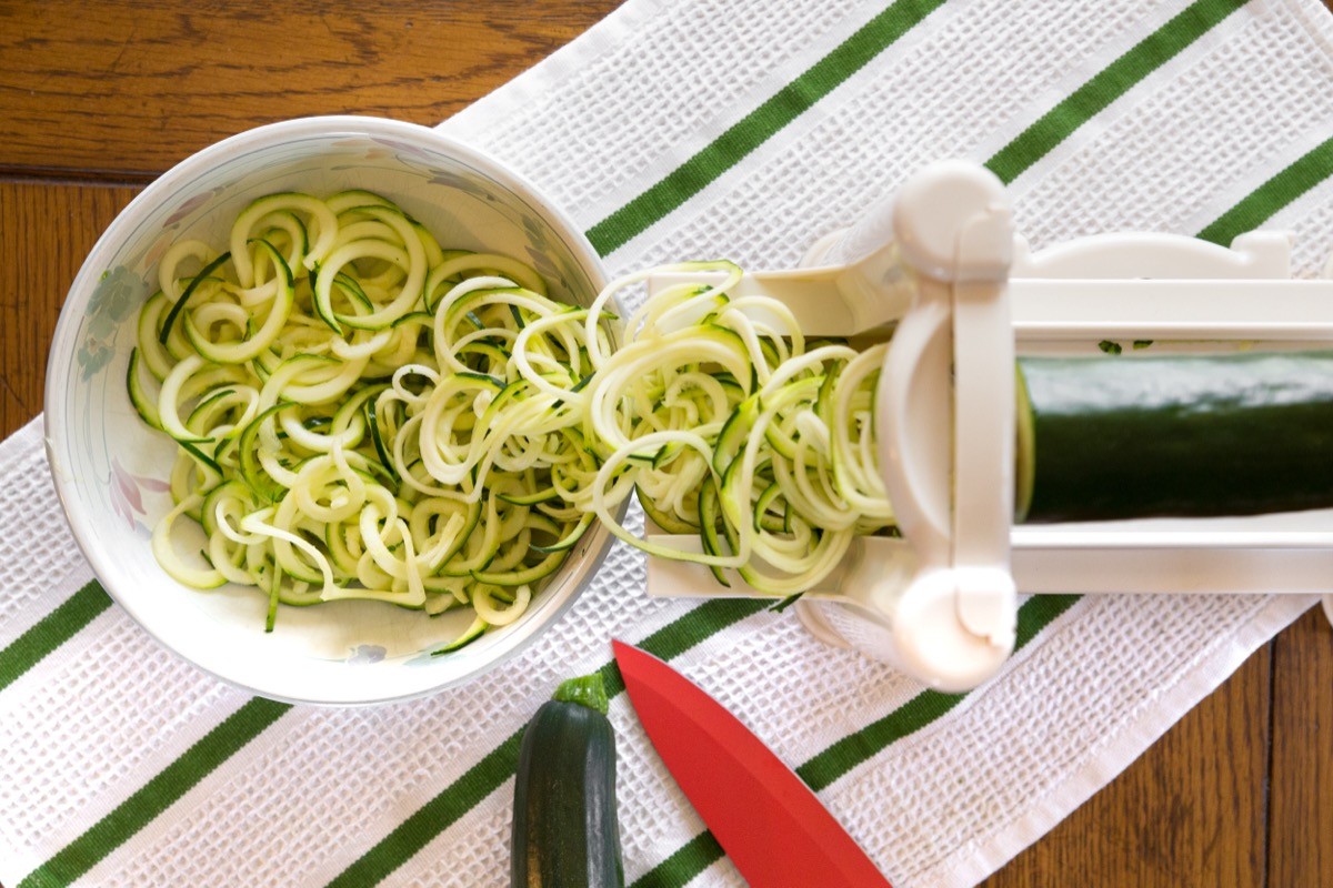 Spiral,Zucchini,Noodles,Called,Zoodles,Prepared,In,Spiralizer,Kitchen,Gadget