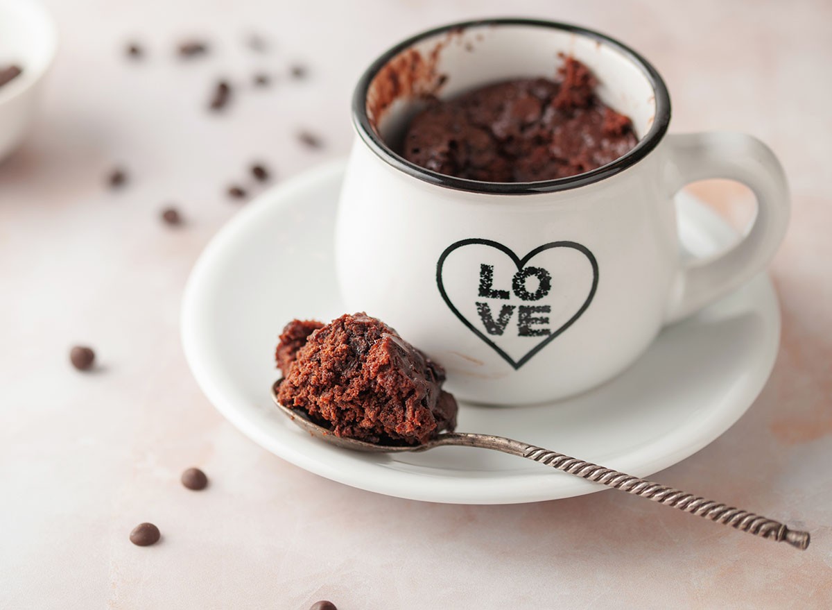 Chocolate cupcake in a white mug. Easy homemade dessert. Mugcake