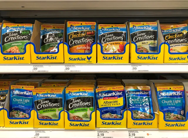 Alameda, CA - Sept 2, 2020: Grocery store shelf with foil pouches of StarKist brand tuna in various flavors.