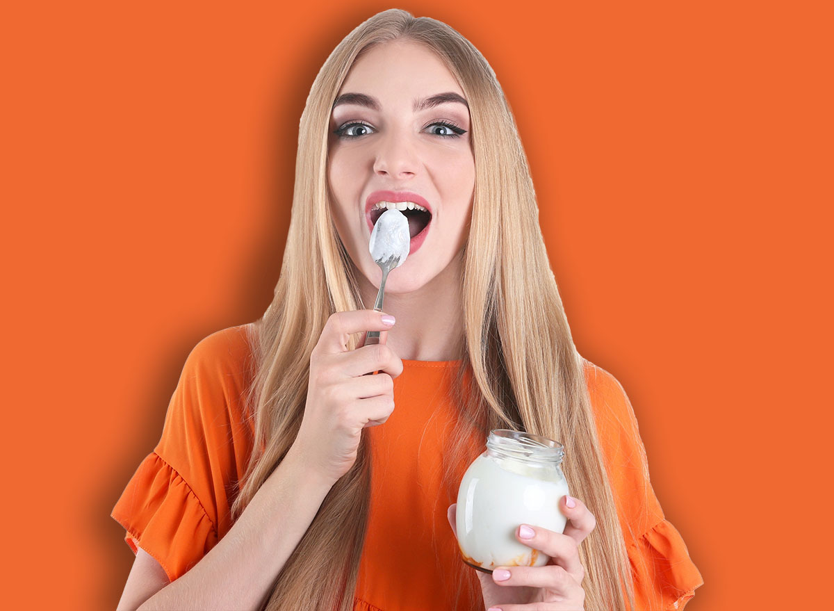 Collage with photos of young beautiful woman with tasty yogurt on white background. Banner design