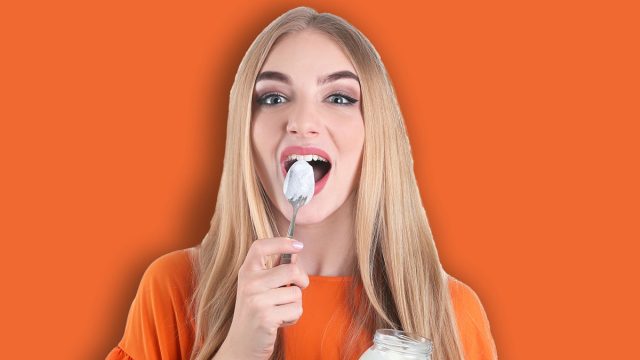 Collage with photos of young beautiful woman with tasty yogurt on white background. Banner design