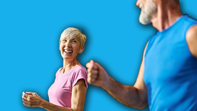 Portrait of a senior woman exercising in a gym, mature couple running using threadmill machine equipment, healthy lifestyle and cardio exercise at fitness club concepts, vitality and active senior