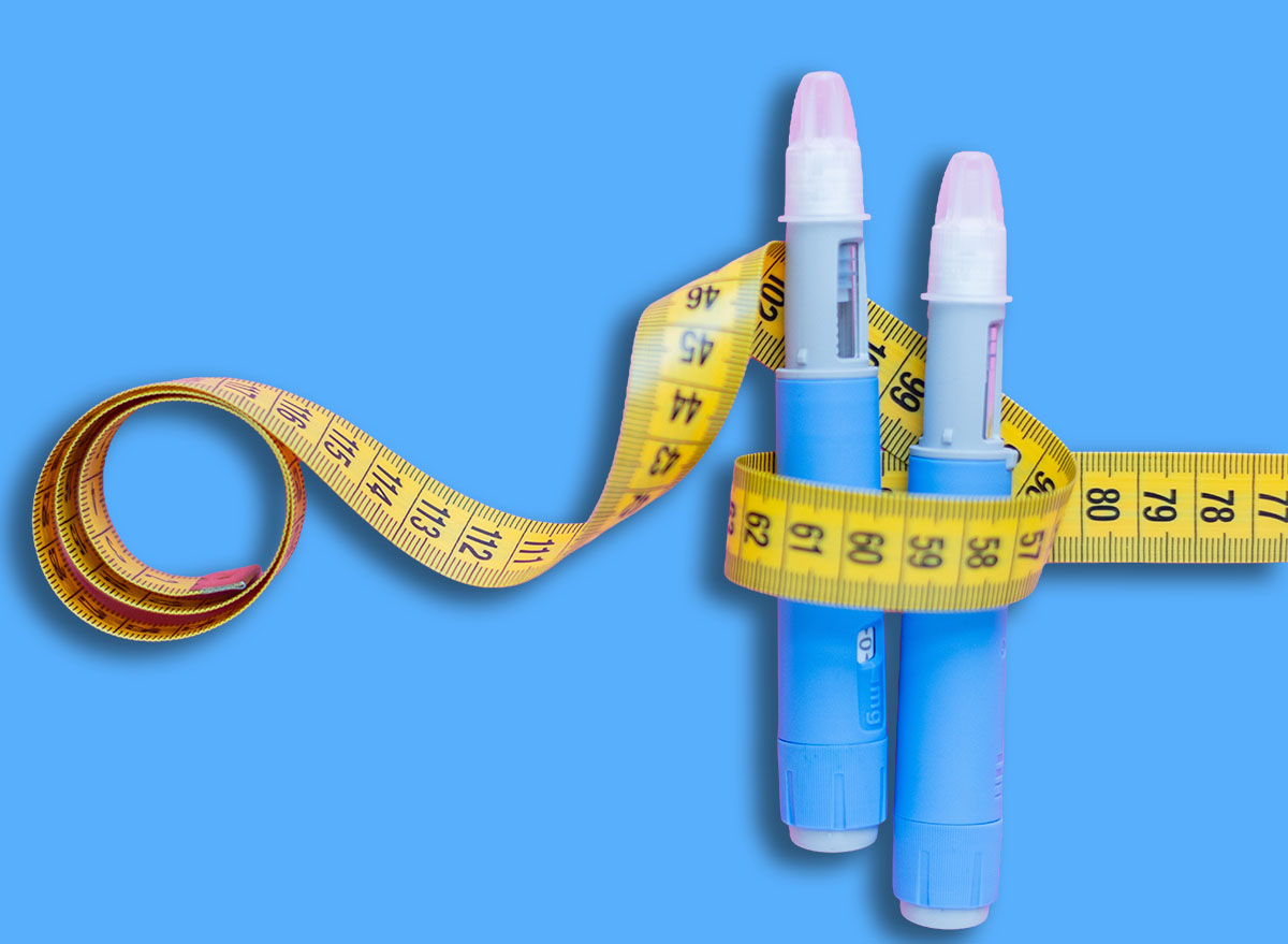 Insulin pens wrapped in a measuring tape on a pink surface, illustrating healthcare, weight management, and chronic illness support. drugs injection ozempic for weight loss