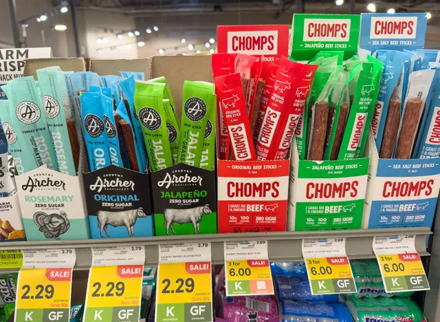 Los Angeles, CA - Sep 1, 2025: Beef Jerky Snack Stick Display At Grocery Store.