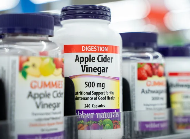 Close up of apple cider vinegar capsules on store shelf. Toronto, Canada - November 26, 2025.