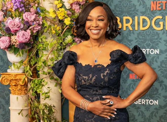 Shonda Rhimes wearing dress by Oscar de la Renta attends Netflix Bridgerton season 3 premiere at Alice Tully Hall in New York on May 13, 2024